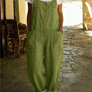 Button-front straight-leg denim overalls