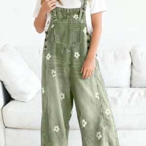 Floral-print denim overalls