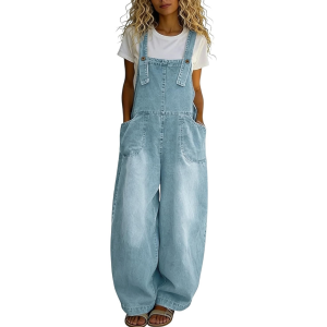 Distressed loose denim overalls