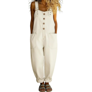 Button-front wide-leg denim overalls
