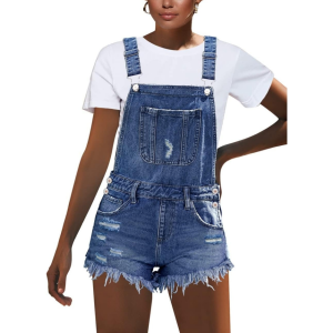 Distressed denim overall shorts