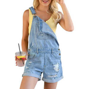 Distressed denim overall shorts