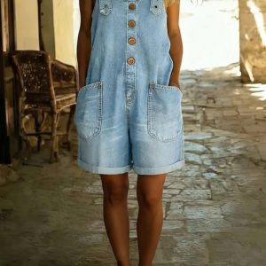 Button-front denim overall shorts