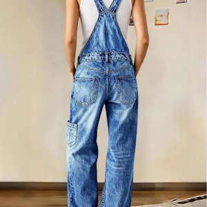 Multi-pocket washed loose straight-leg denim overalls