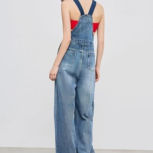 Wide-leg denim overalls with leopard-print pockets and buckles